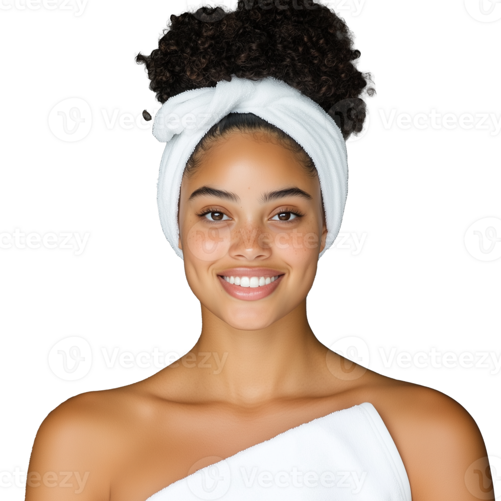 Smiling woman with curly hair in headband and white towel in spa setting on a transparent background png