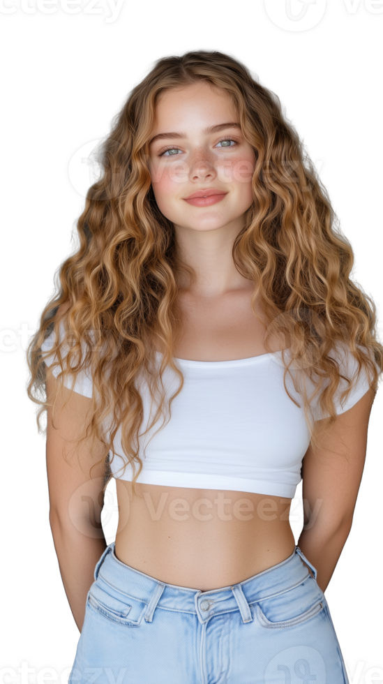 Smiling young woman with long wavy hair in black crop top and jeans on a transparent background png