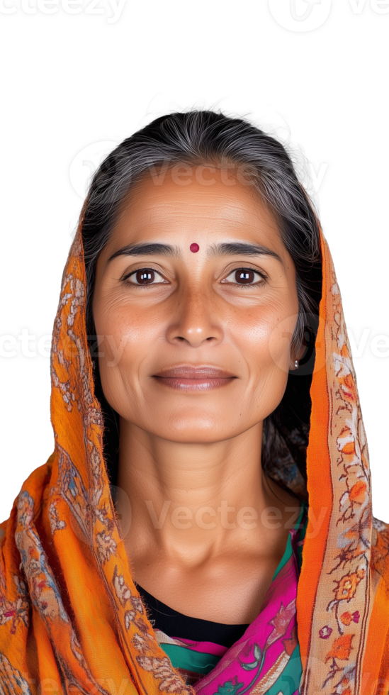 Elderly woman in traditional orange headscarf smiling on a transparent background png