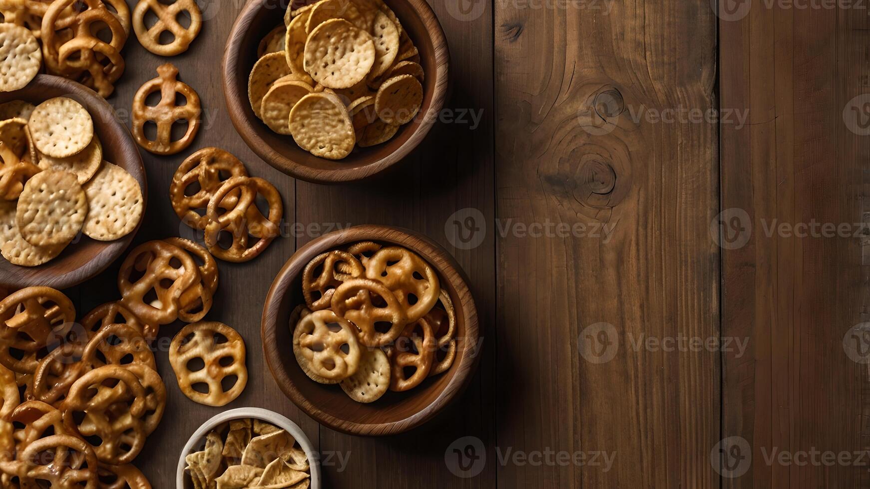 Assortment of Salty Snacks in Wooden Bowls on Rustic Wooden Background photo