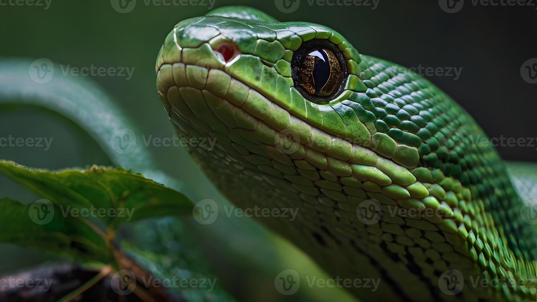 Close Up of a Green Cat Snake with a Focused Look photo