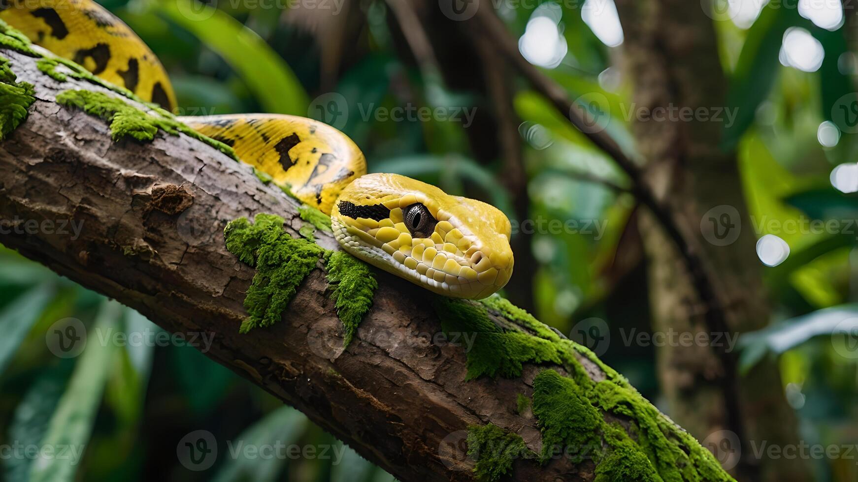Yellow Tree Python Snake Resting On A Moss Covered Branch In The Rainforest photo
