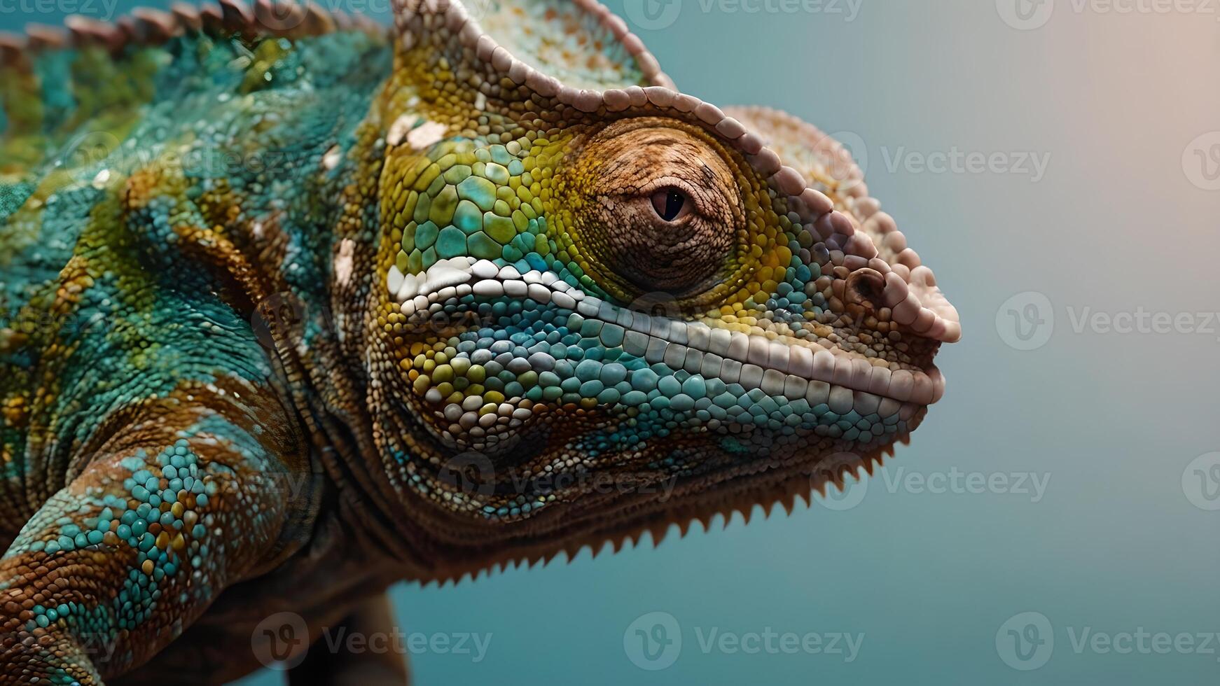 Close Up Of A Chameleon With A Green And Blue Pattern Looking Off To The Side photo