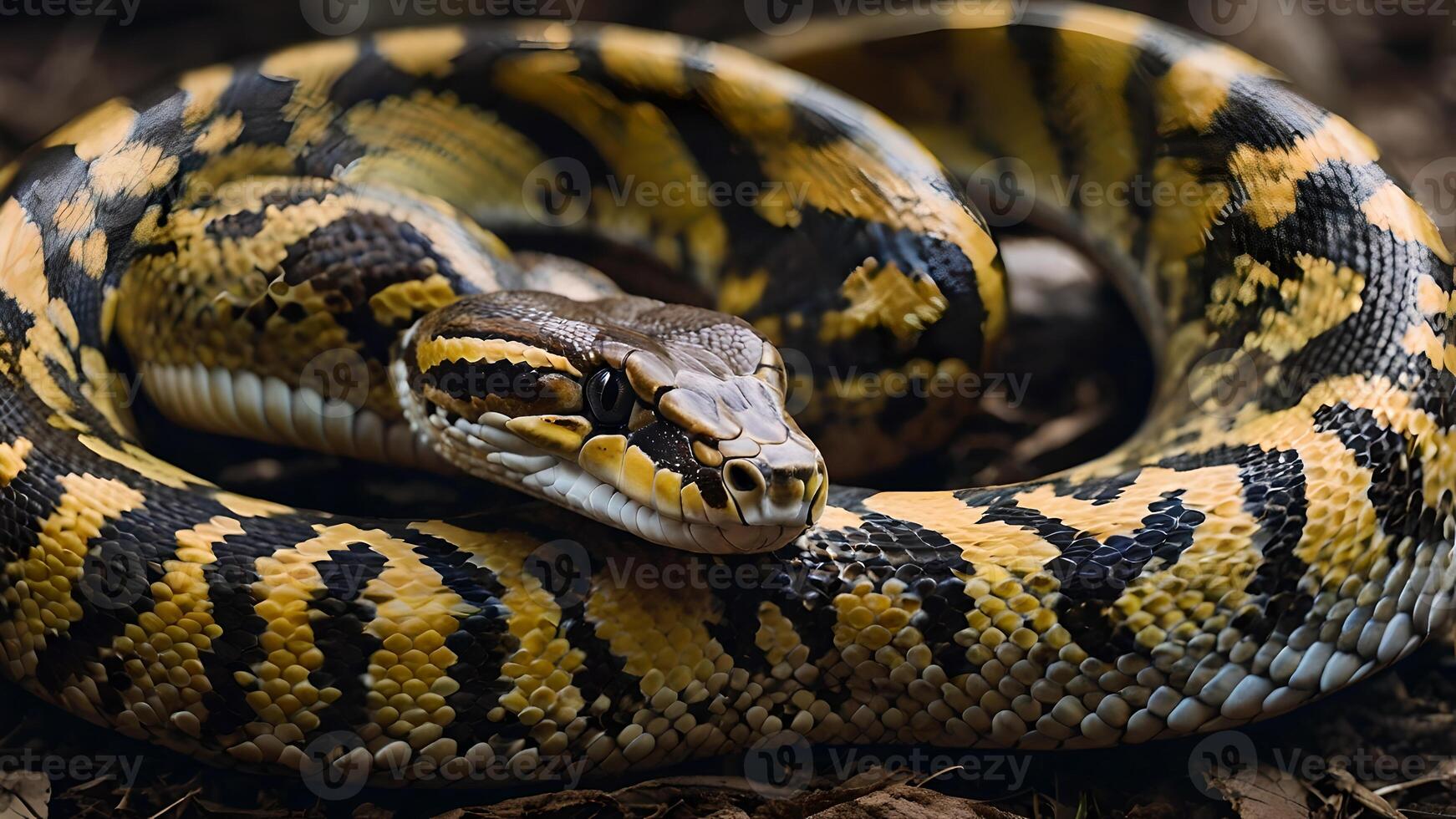 Close Up of a Python Snake with Yellow and Black Scales photo