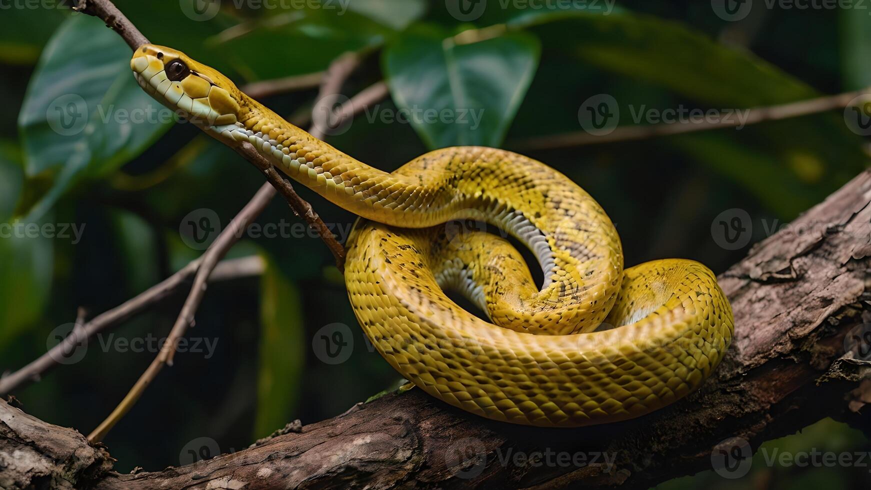 Yellow Viper Snake Coiled on a Branch in Lush Green Foliage photo