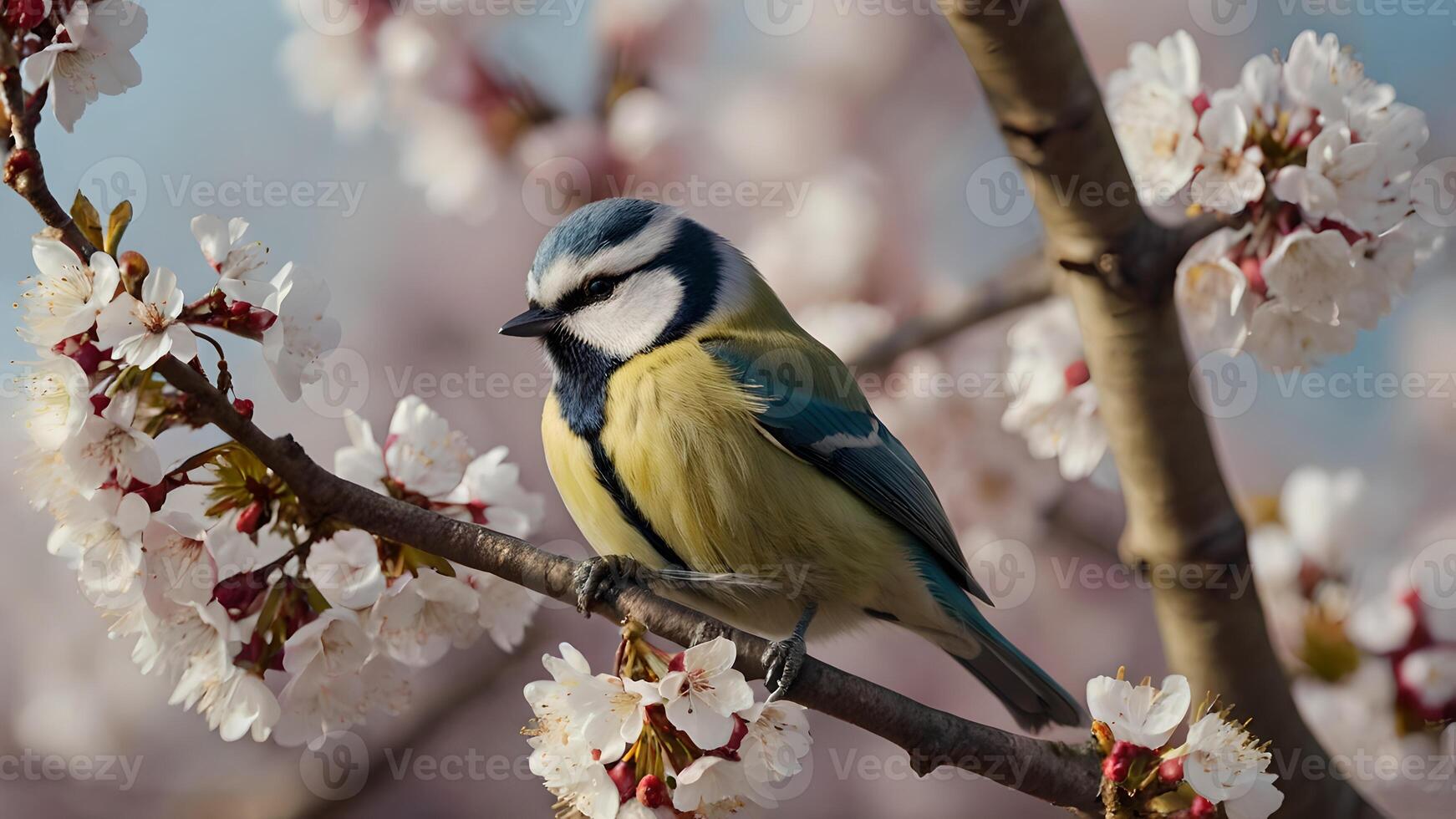 Blue Tit Perched on a Branch of Blooming Cherry Tree photo