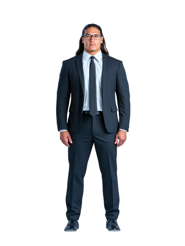 Professional Man in Suit with Long Hair and Glasses png