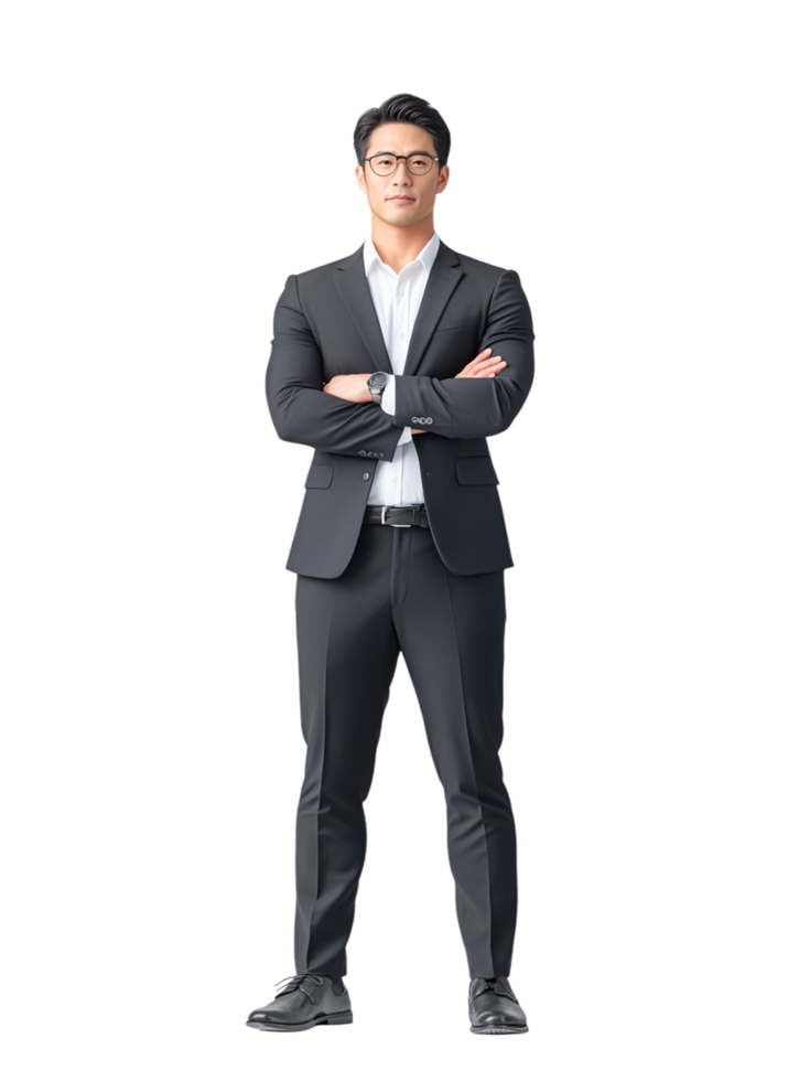 Confident Businessman in Black Suit with Glasses png