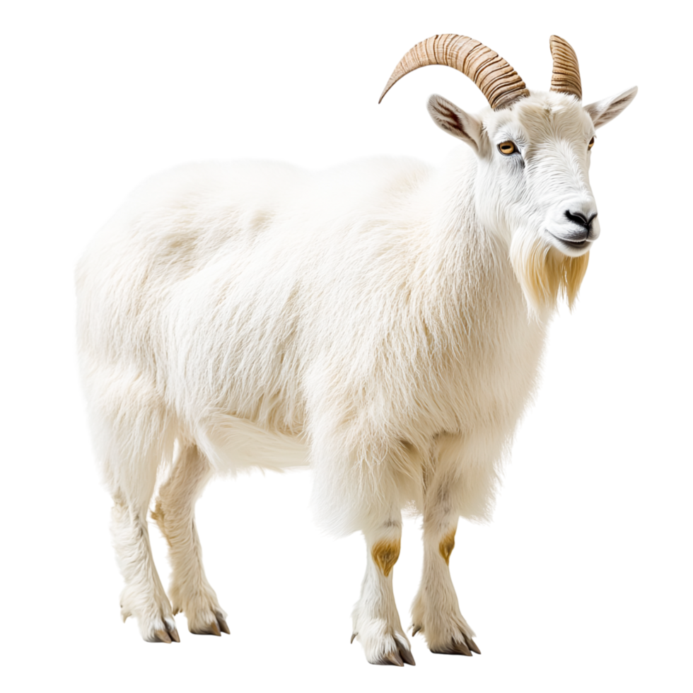 White Goat with Curved Horns in Studio Setting png
