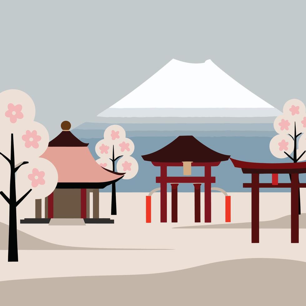 Japanese landscape with a torii gate and a mountain in the background vector