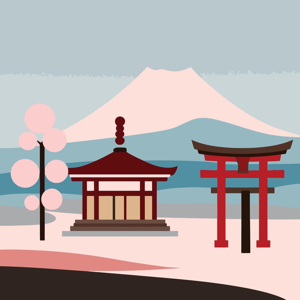 Japanese tori gate and mountain in background vector