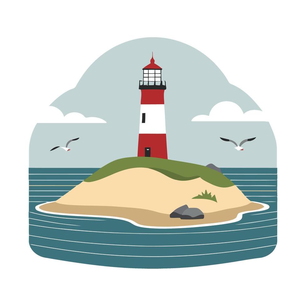 Lighthouse on an island with birds and sea vector