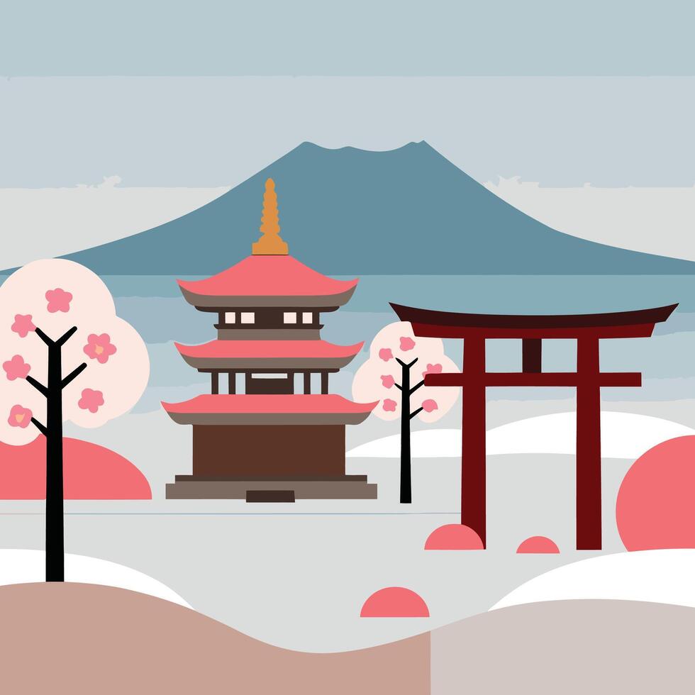 Japanese landscape with a torii gate and pagoda vector