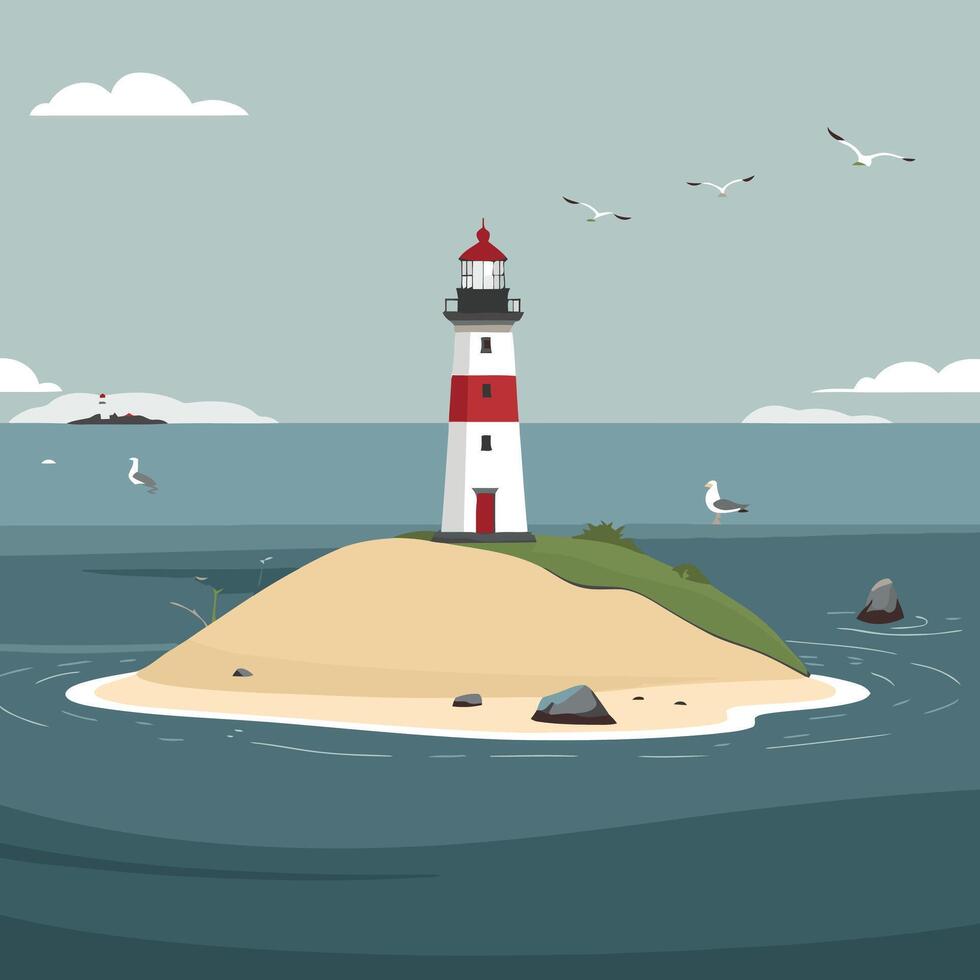 Lighthouse on an island with seagulls and birds vector