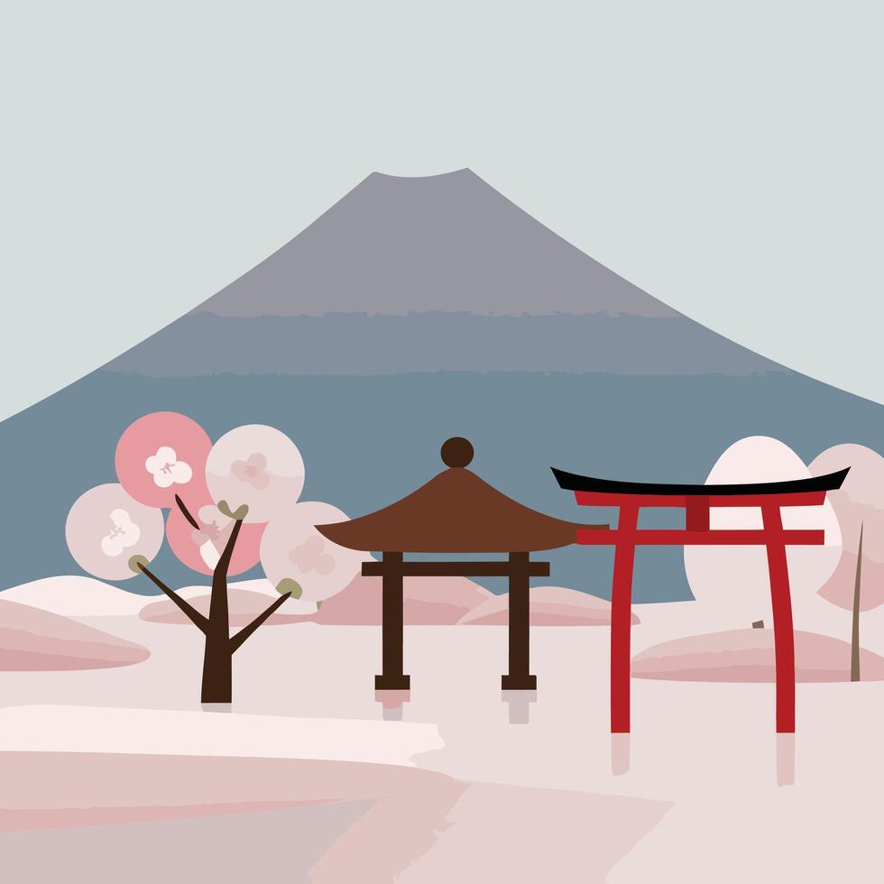 Japanese landscape with tori gate and cherry tree vector