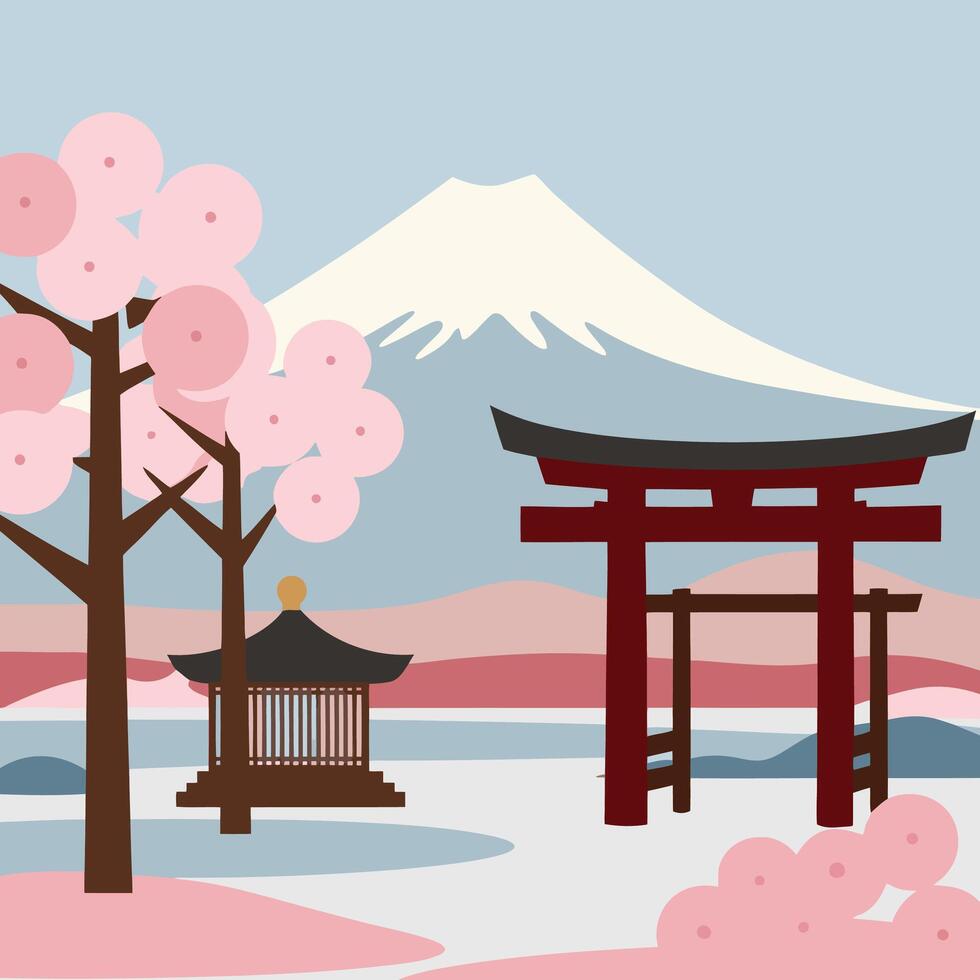 Japanese landscape with torii gate and cherry blossoms vector
