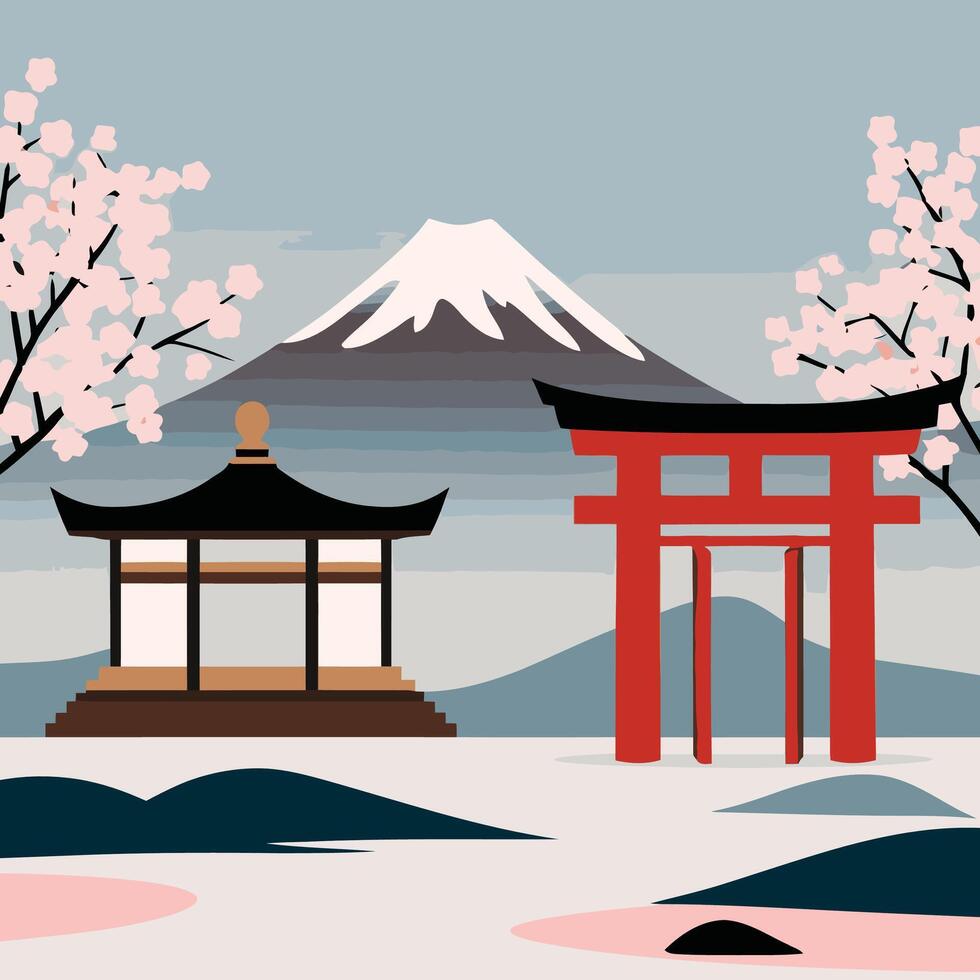 Japanese landscape with a torii gate and a mountain vector