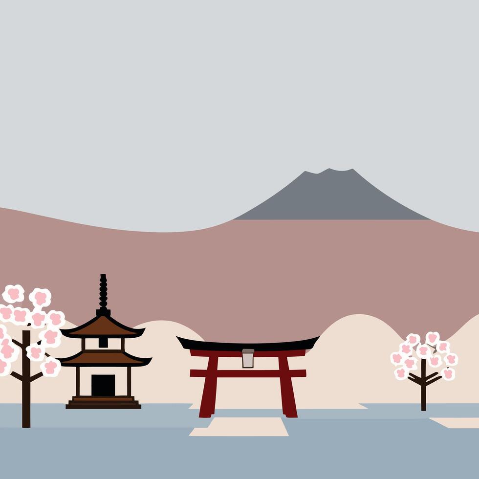 Japanese landscape with a torii gate and a pagoda vector