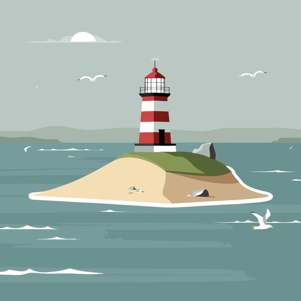 Lighthouse on an island with birds flying around it vector