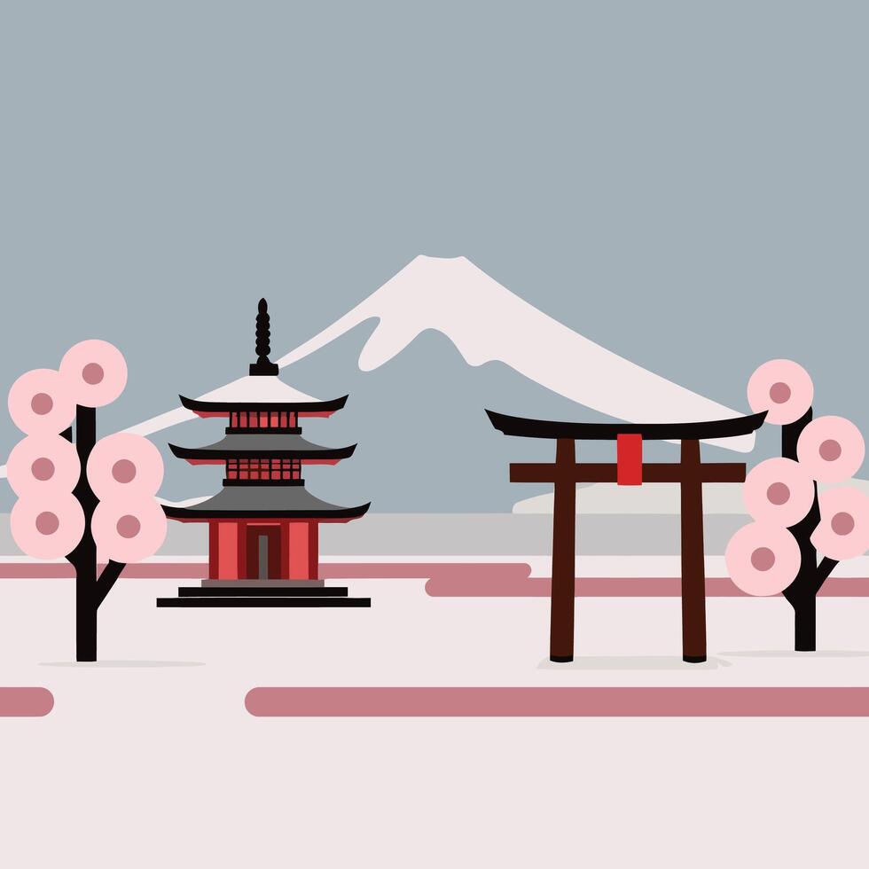 Japanese landscape with torii gate and mountain vector