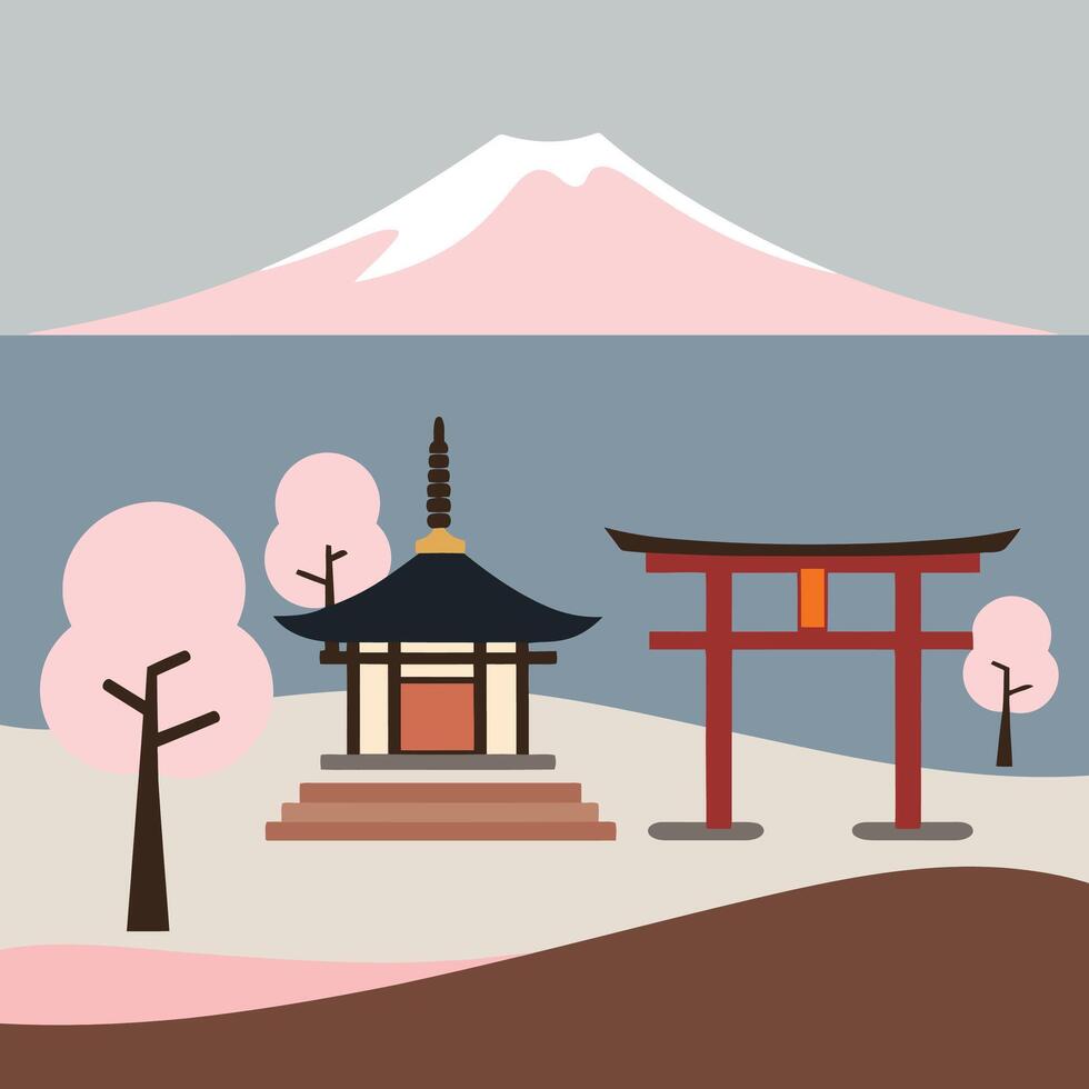 Japanese landscape with tori gate and mountain vector
