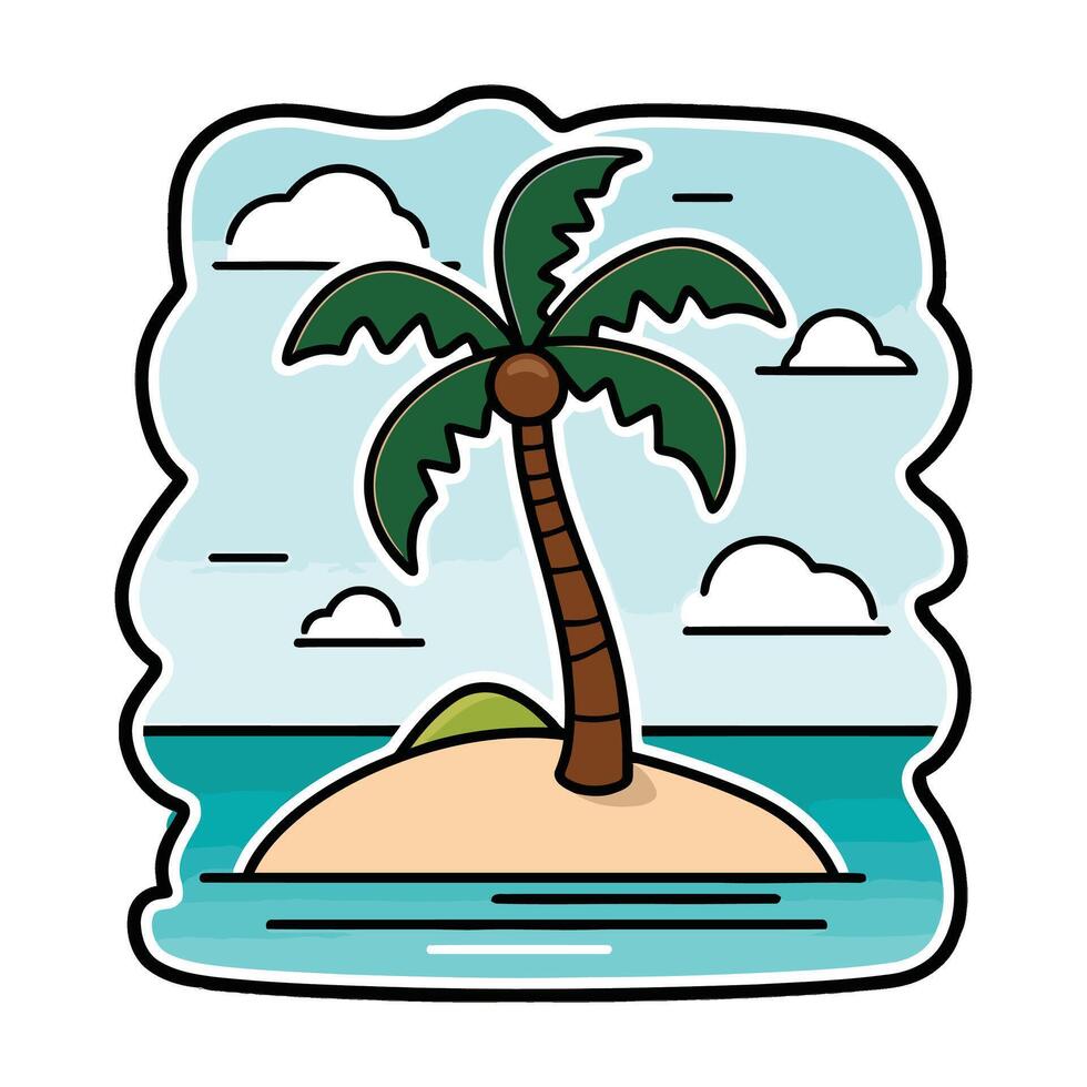 A cartoon palm tree on an island with clouds and water vector