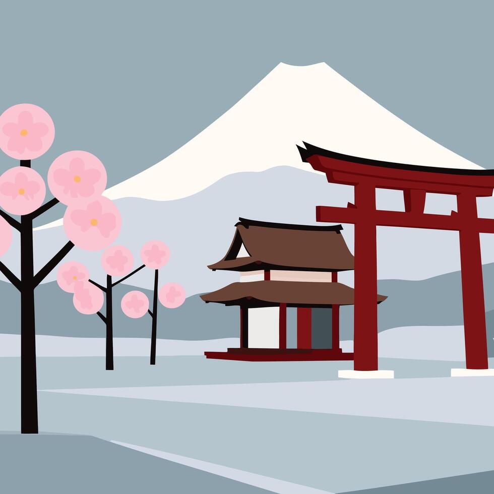 Japanese tori gate with cherry blossoms and mountain in background vector