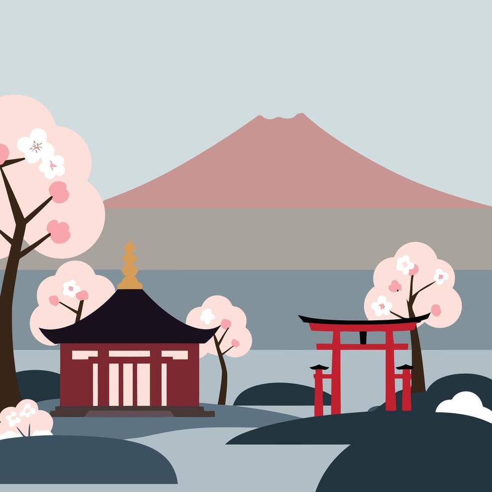 Japanese landscape with a torii gate and a pagoda vector