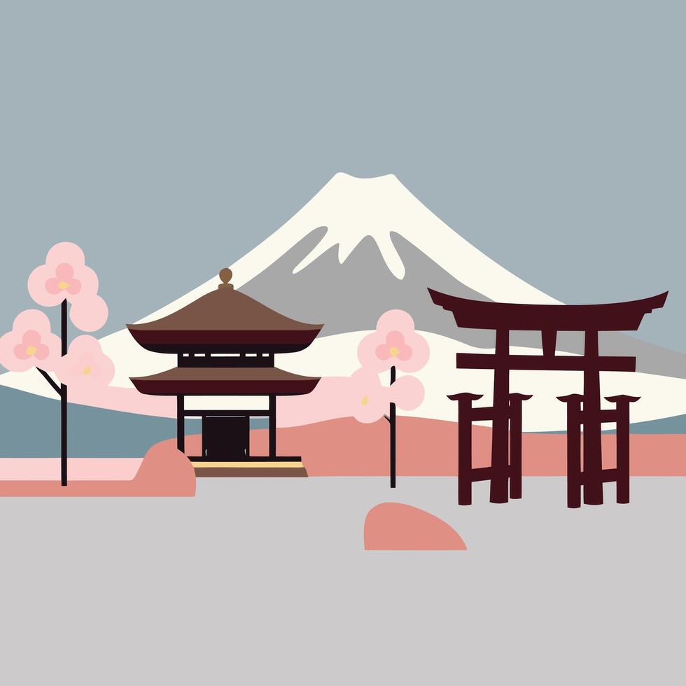 Japanese landscape with torii gate and mountain vector
