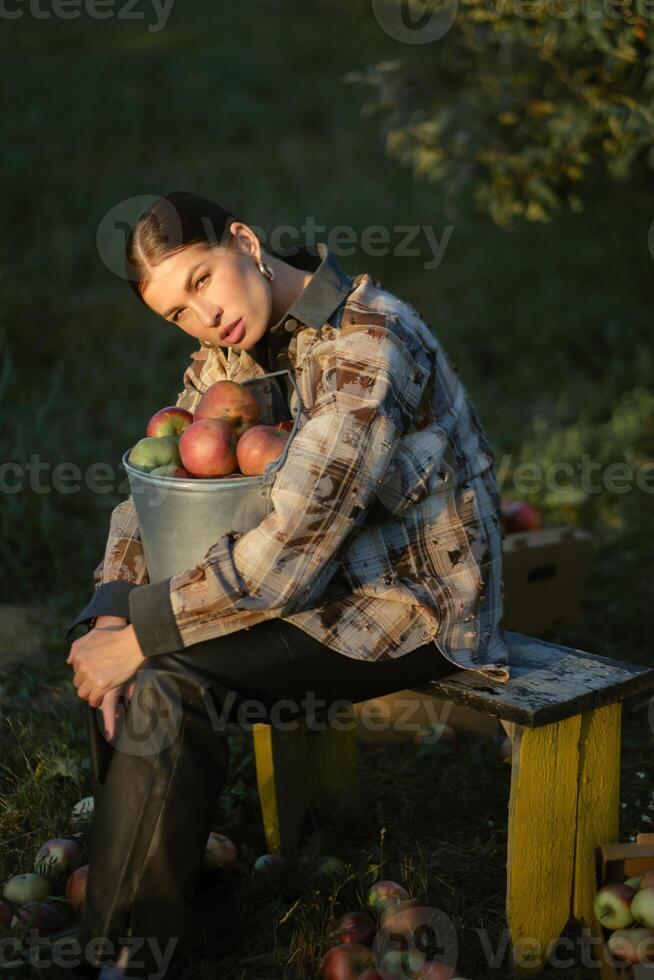 Stylish girl in black clothes sitting with a bucket of apples in a sunny fall orchard photo