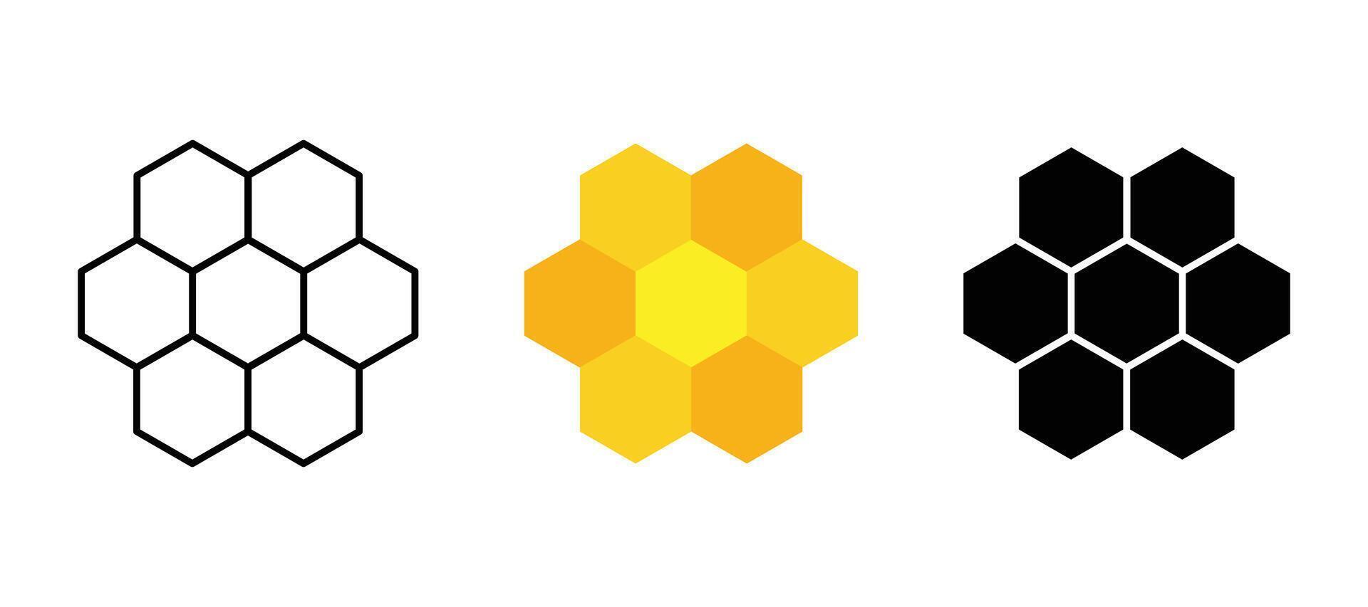Honeycomb icon set. Bee hive sign. Honey symbol. Yellow hexagon comb illustration isolated on white background. vector