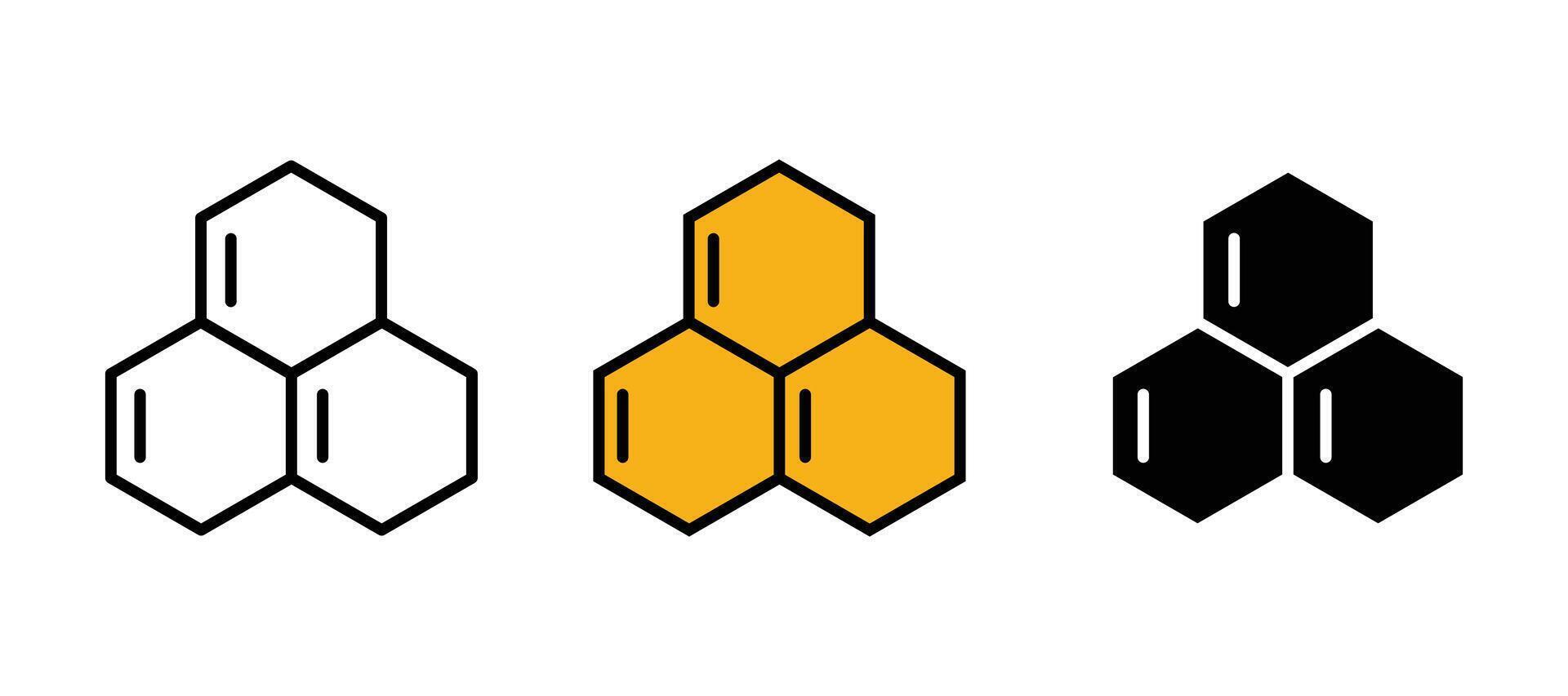 Honeycomb icon set. Honey symbol. Yellow hexagon comb. Bee hive sign. vector