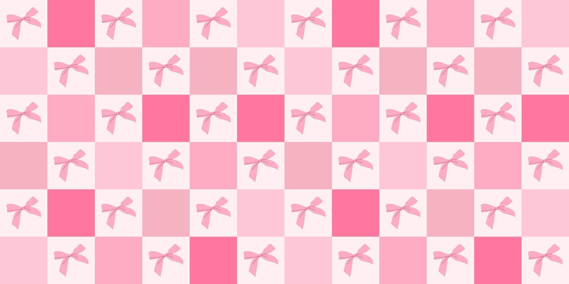 Y2k checkered pattern with pink bows. Trendy hair braiding ribbon. Gingham background with braiding accessories. Cozy chessboard pattern. Wallpaper for print templates or textiles. vector
