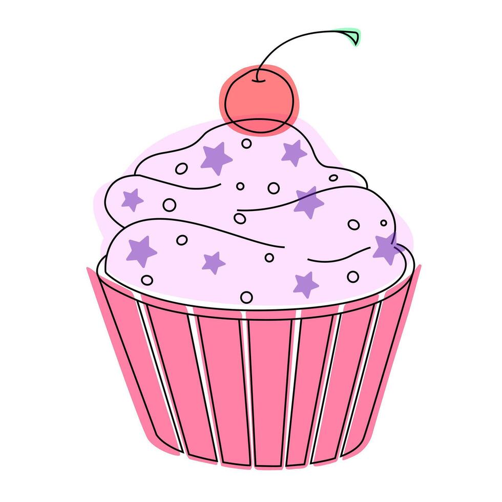 Sweet cupcake silhouette with cherry. Dessert with bun and red cherries isolated on white background. Translucent illustration. vector