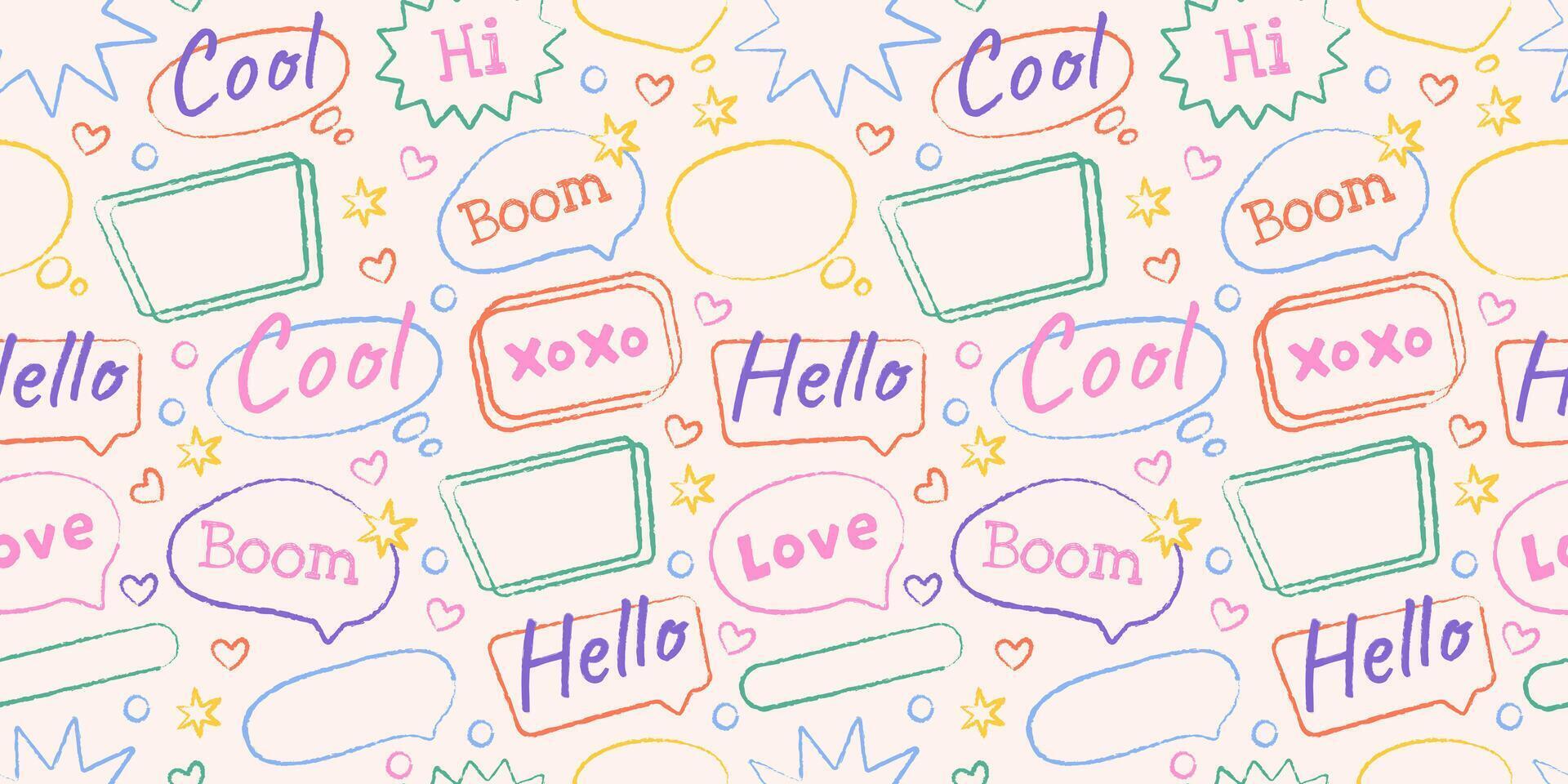 The speech bubble. A hand-drawn pencil message in the form of rainbow clouds. Grunge style frames. Vintage style. Comic talk balloon. For textiles, fabric design, wrapping paper, and websites. vector