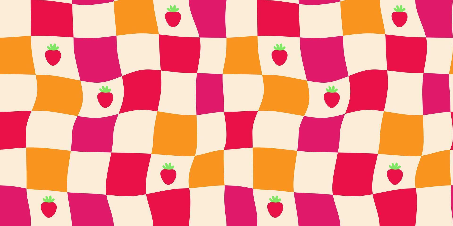 Summer pink and yellow checkerboard pattern with cute strawberries in vintage y2k style. Sweet strawberries on red gingham background. For fest invitations, fabric, textiles, and wrapping paper. vector