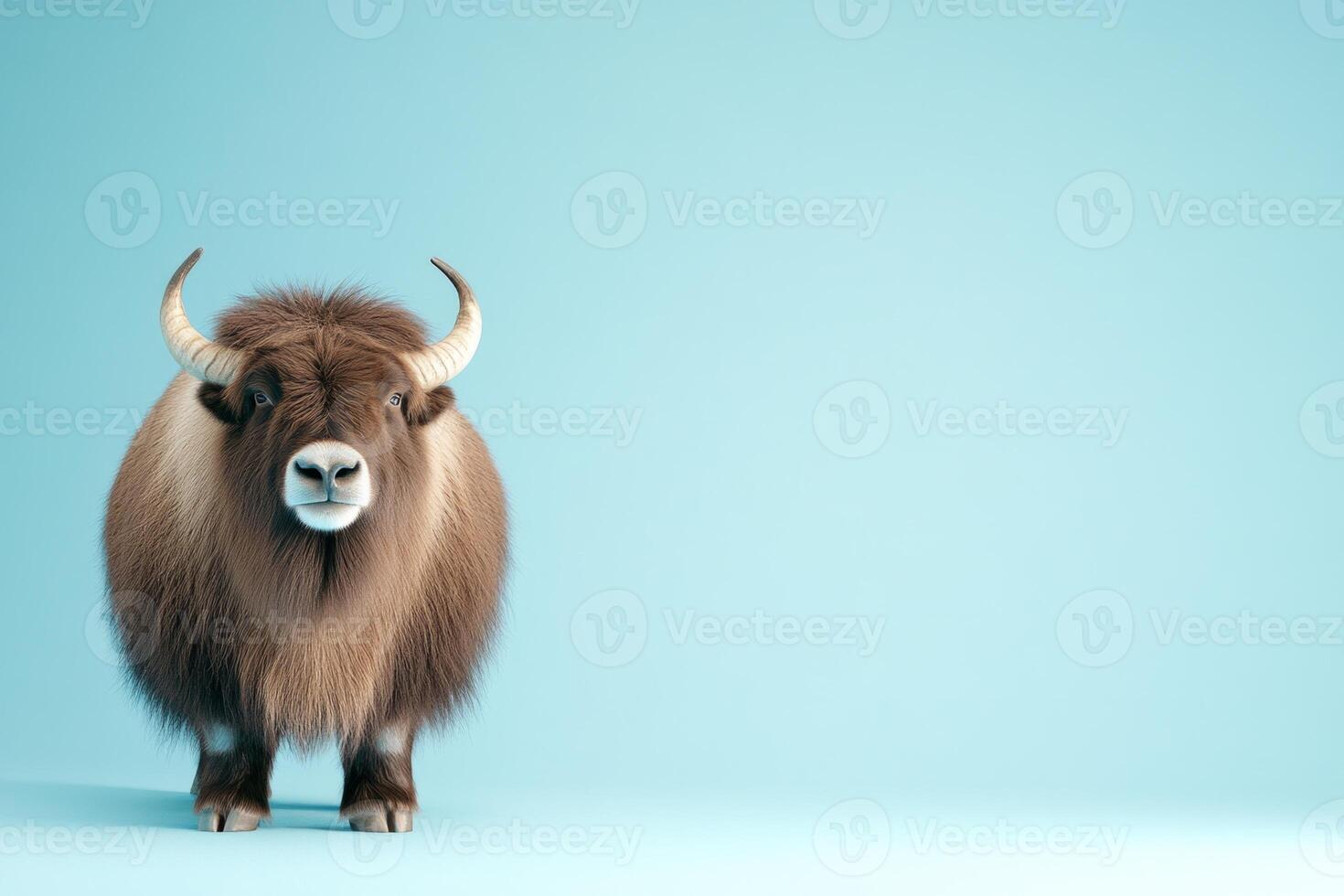 Musk ox standing on snowy tundra with soft lighting highlighting its thick fur coat photo