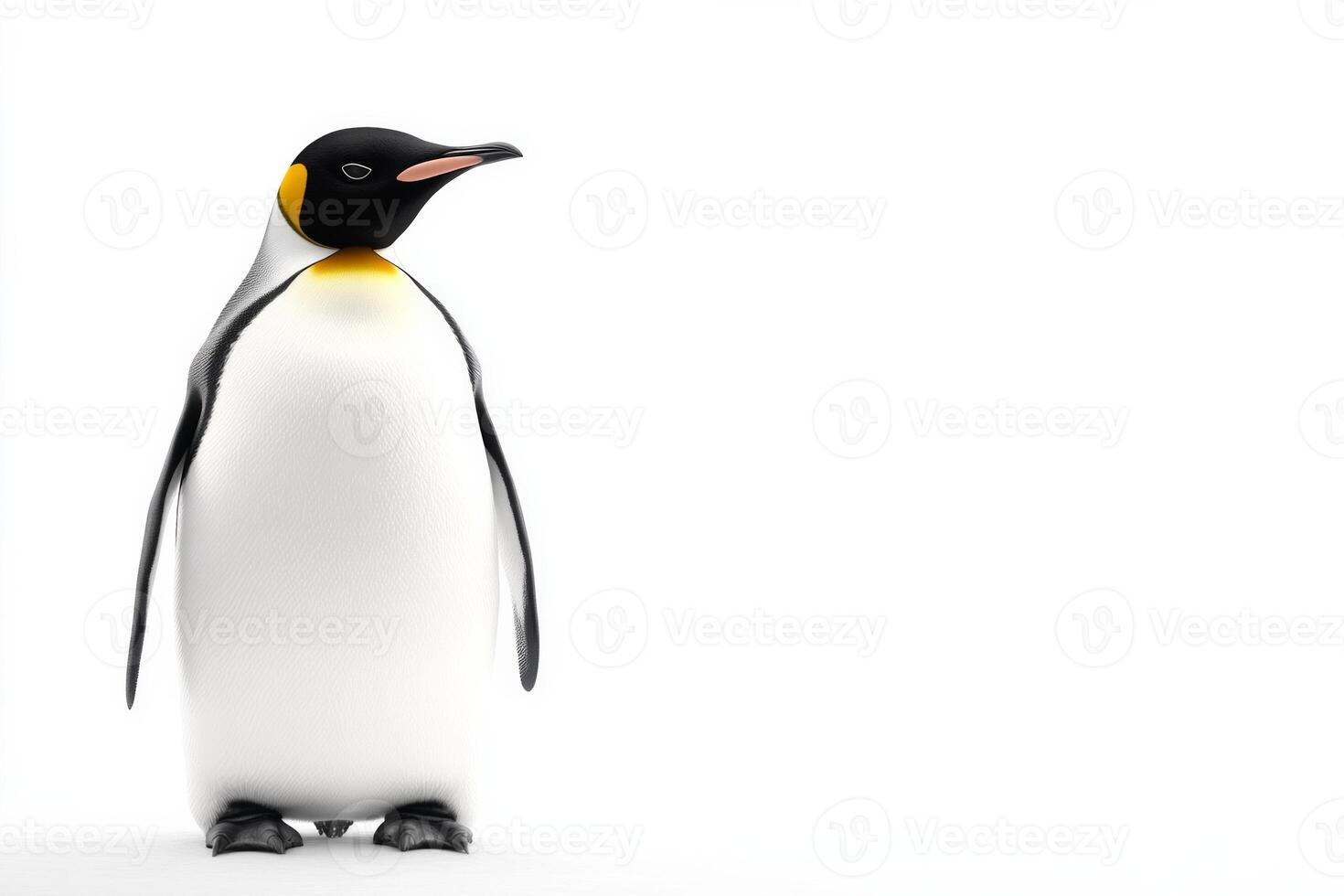 A charming penguin standing upright in a snowy winter landscape against a simple white background photo