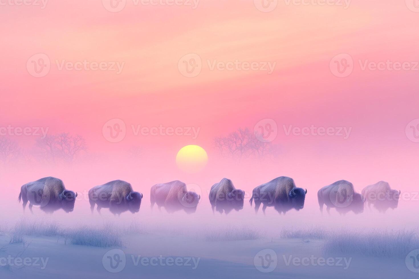 A herd of bison stands on a frosty plain as cool mist rises in the morning light during sunrise photo