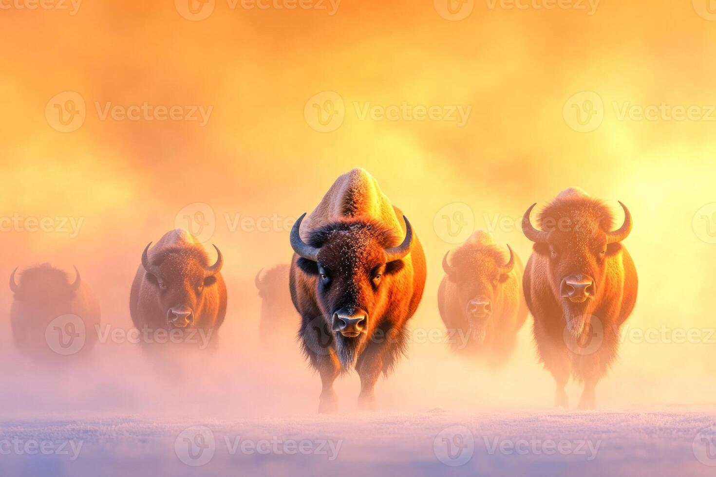 A herd of bison walks through a frosty plain with mist rising around them in soft morning light photo