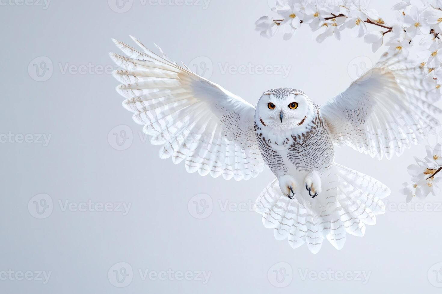 Majestic white owl in mid-flight with wings spread wide against a clean white backdrop highlighting its feather patterns photo