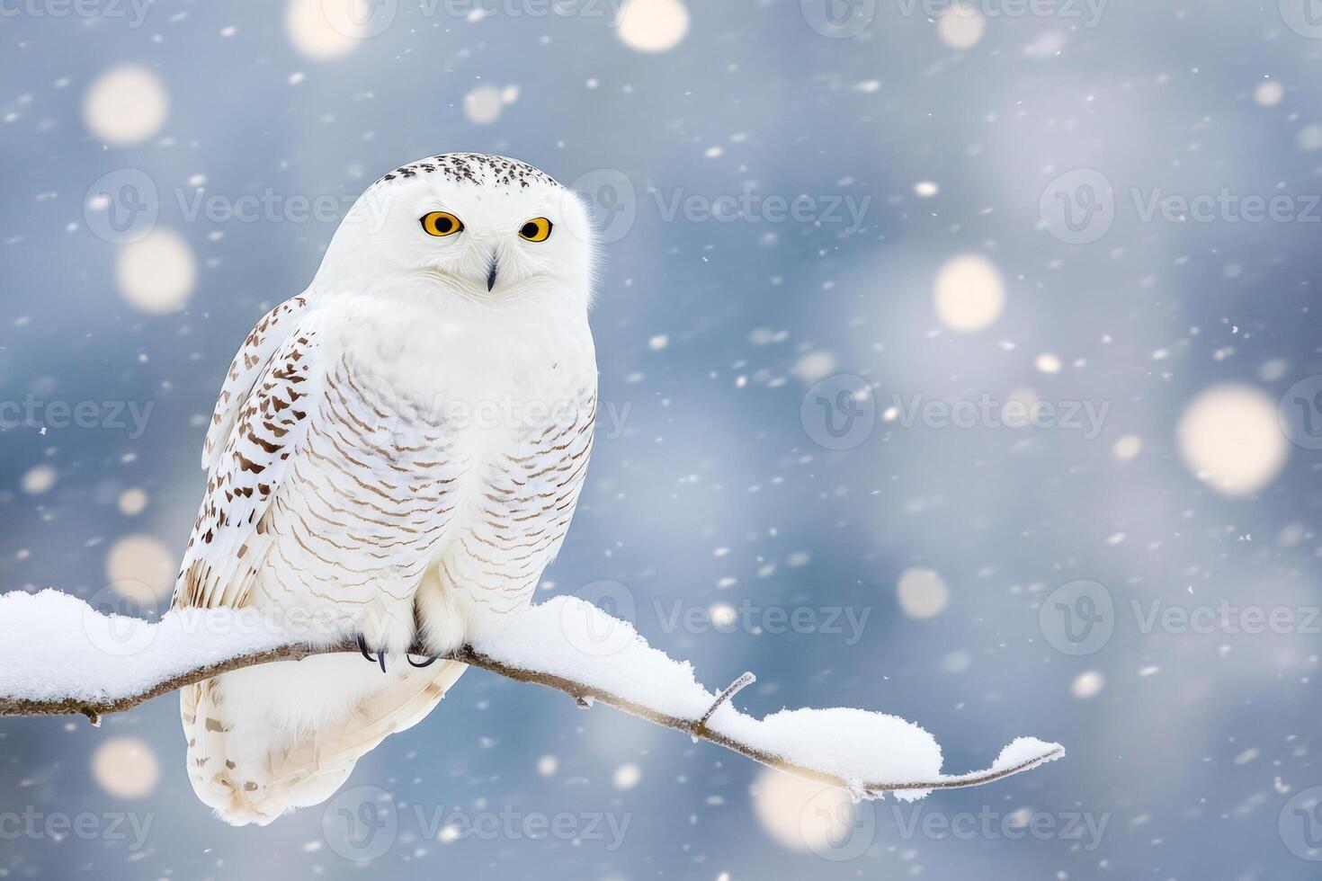 Snowy owl perched on a snow-covered branch with light snow falling in soft evening light photo