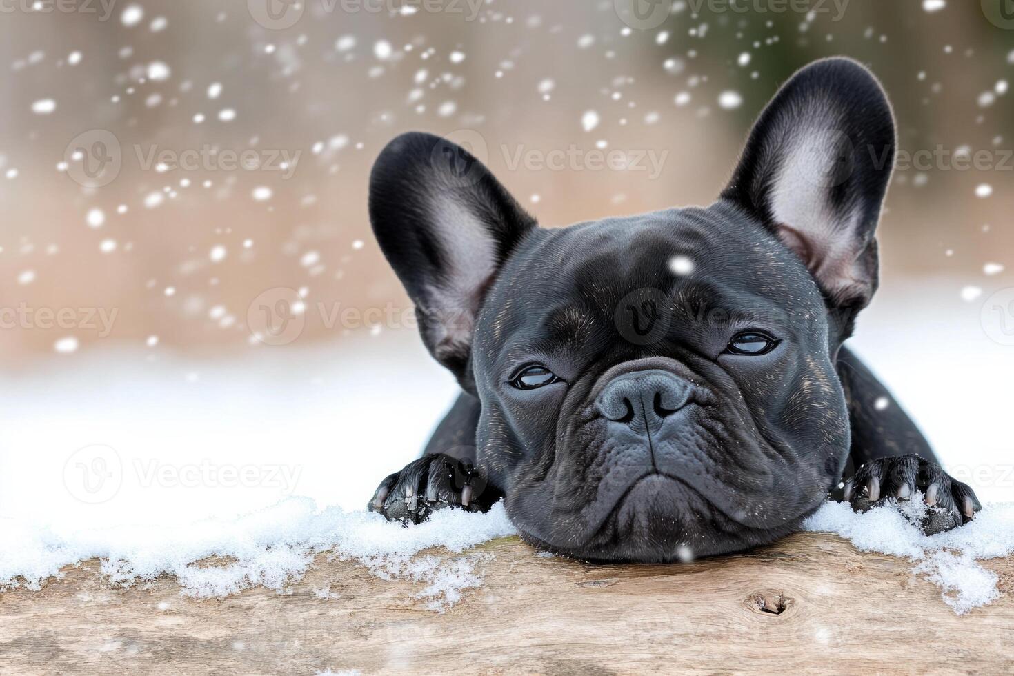 French Bulldog resting on a snow-covered log in a serene winter setting with gently falling snowflakes photo