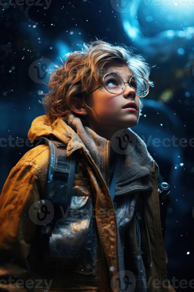 kid looking up at the stars and galaxy photo