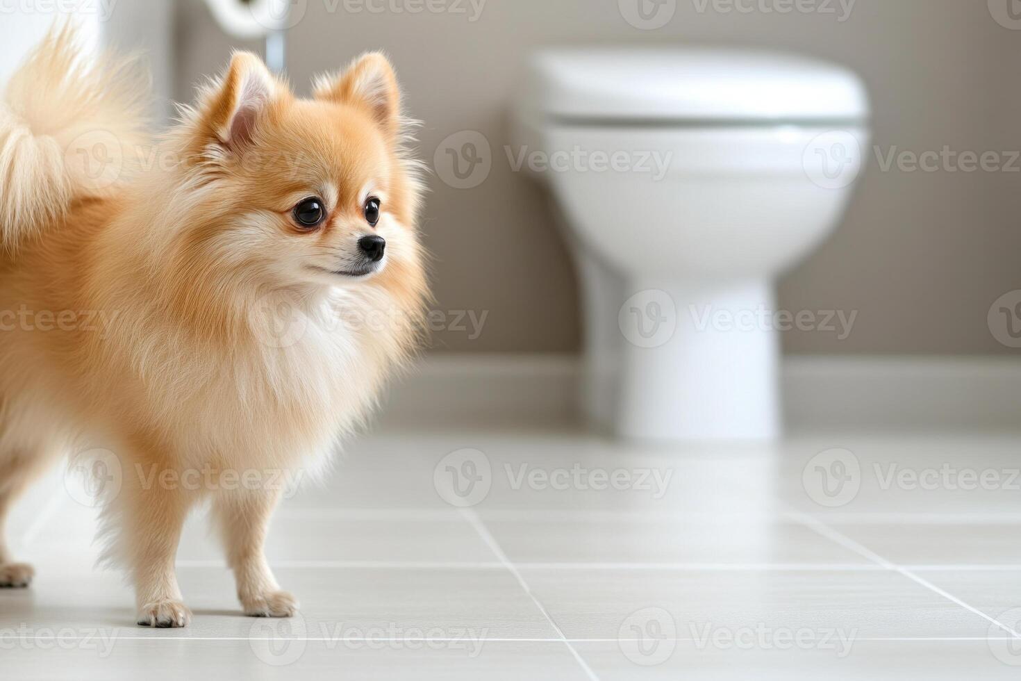 Fluffy Pomeranian standing thoughtfully on a tiled bathroom floor in warm soft lighting at home photo