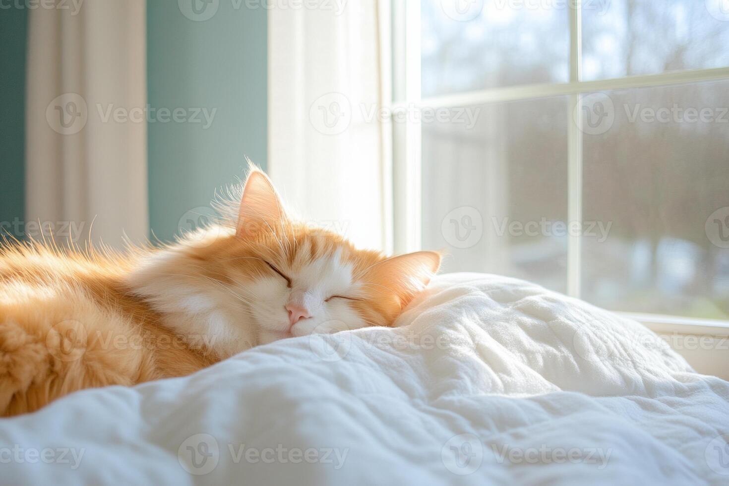 Comfortable Maine cat nestled in warm blanket enjoying sunlight by the window in a serene setting photo