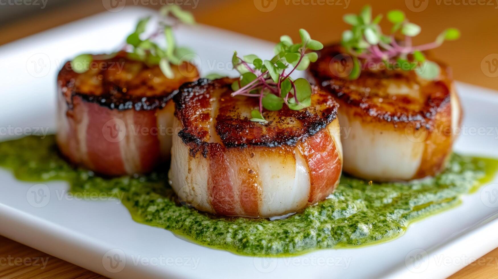 Indulgent bacon-wrapped scallops served on a stylish plate with pesto in a modern restaurant photo