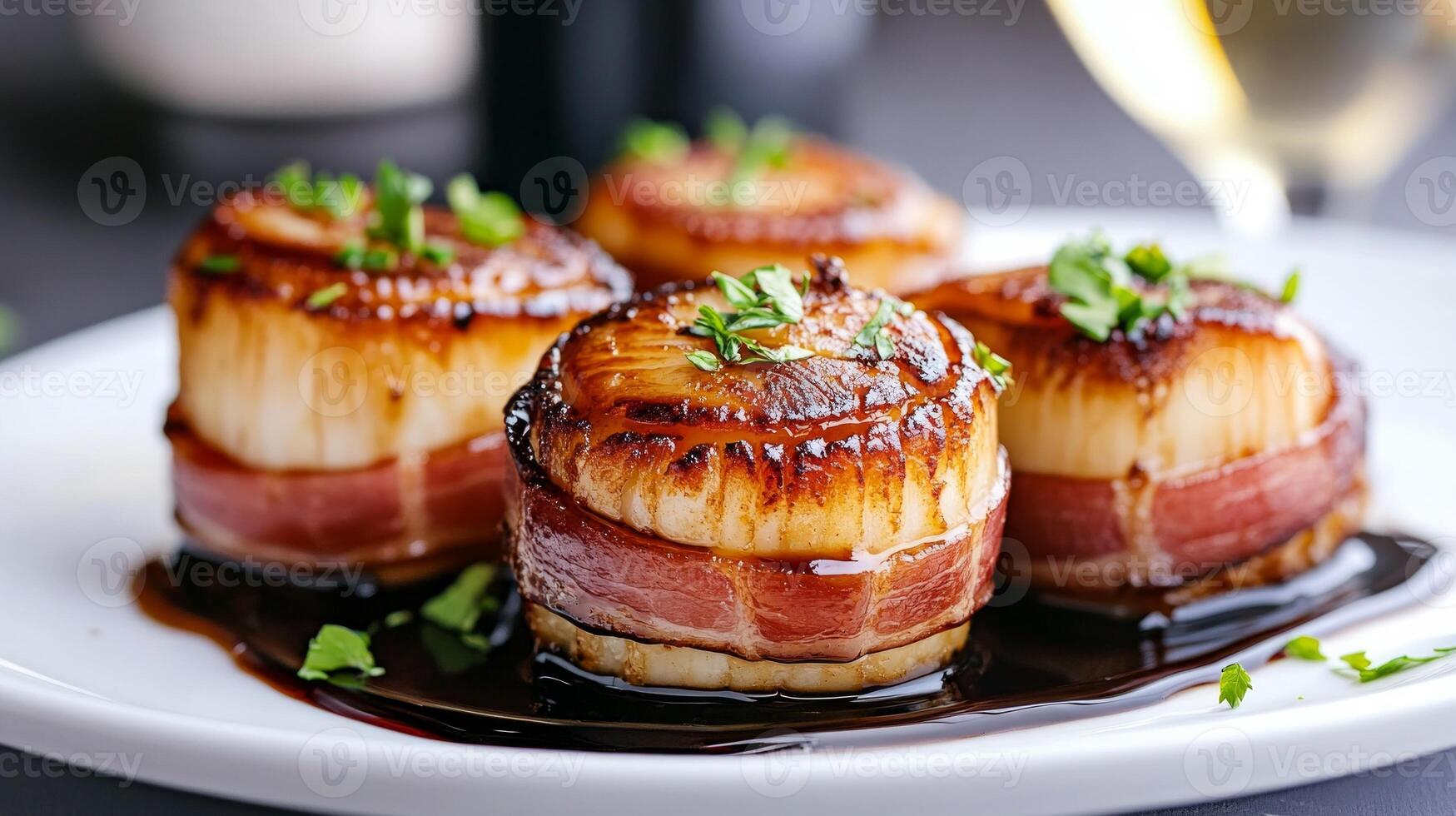 Gourmet bacon-wrapped scallops served with balsamic glaze and fresh herbs alongside a glass of white wine photo