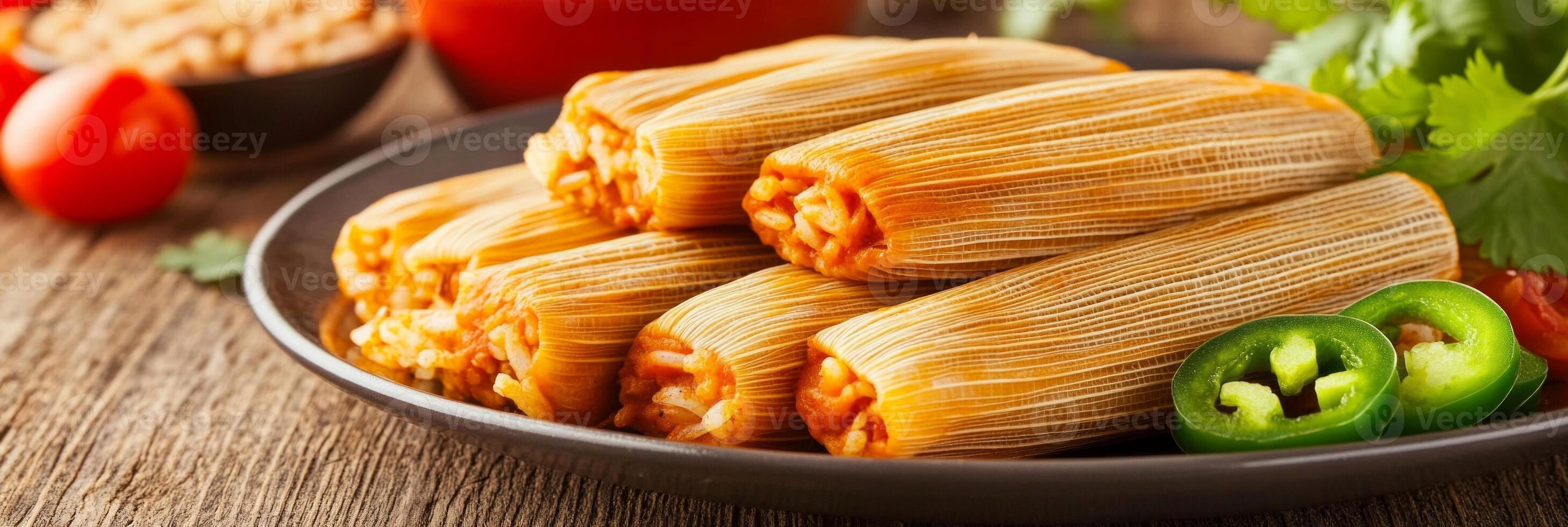 Festive plate of tamales with rice, beans, and jalapenos for a vibrant Mexican dinner setting photo
