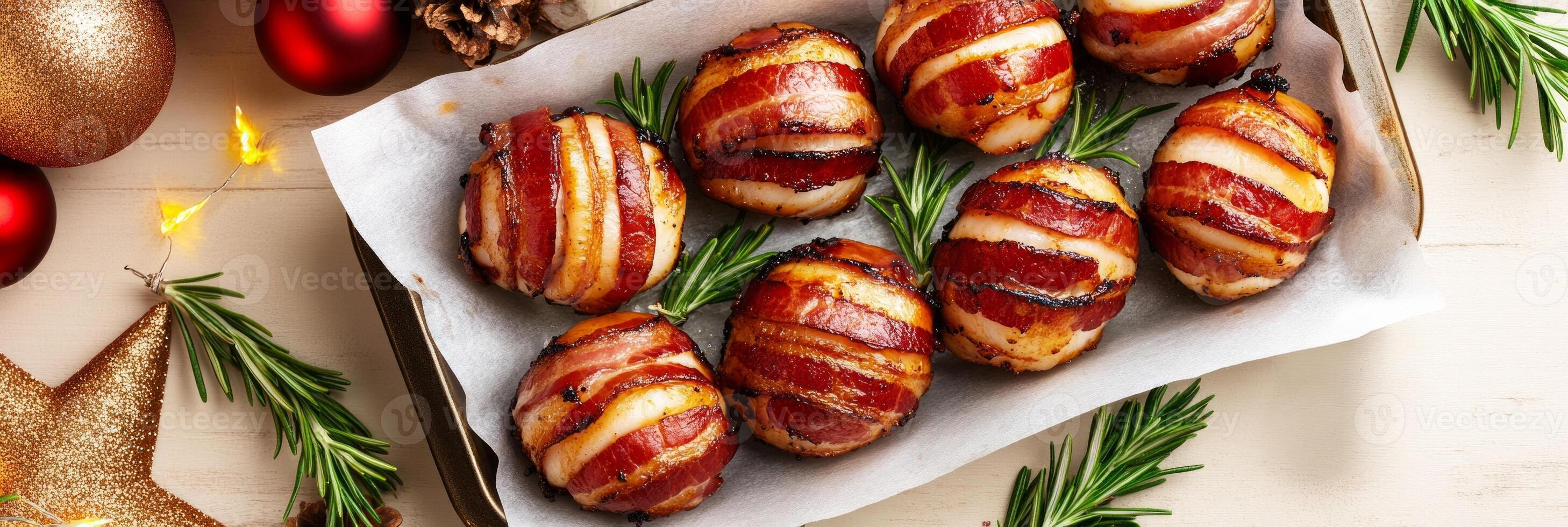 Delicious bacon-wrapped scallops served on a festive tray surrounded by holiday decorations photo